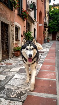 Husky dog happily walking toward the camera on a cobblestone street