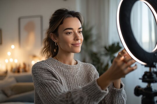Young Female Vlogger Adjusting Softbox Light in Home Studio
