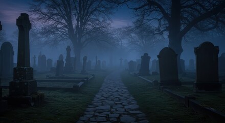 Misty cemetery landscape featuring numerous weathered tombstones and a winding stone path disappearing into the fog, creating an eerie and somber atmosphere beneath a dusky sky.