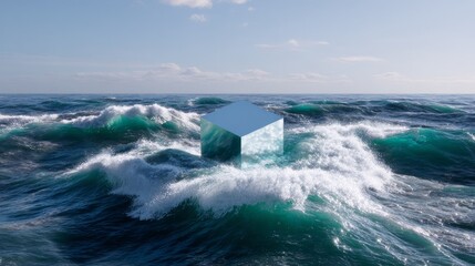 Fototapeta premium Floating cube amidst ocean waves under clear sky