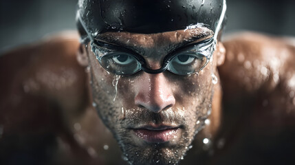 Swimmer in water with goggles showing determination