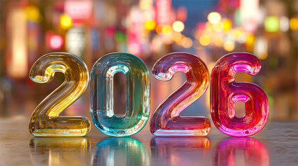Colorful translucent numbers spelling out the year twenty twenty six