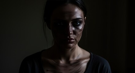 Obraz premium Female portrait captures a moody aesthetic with dramatic shadows and focused lighting, highlighting the subject's face and dark makeup, emphasizing the intensity of their expression and conveying