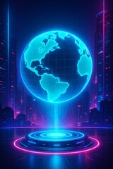 Futuristic holographic glowing globe in digital city