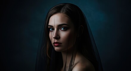 Fototapeta premium Portrait of a woman veiled in dark, flowing fabric, gazing towards the viewer with a direct and captivating stare, set against a moody blue backdrop, creating a sense of mystery and depth with soft...