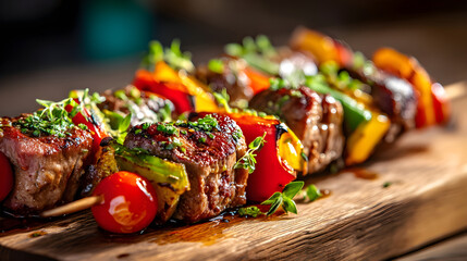 Grilled beef and vegetable skewers plating on wooden board