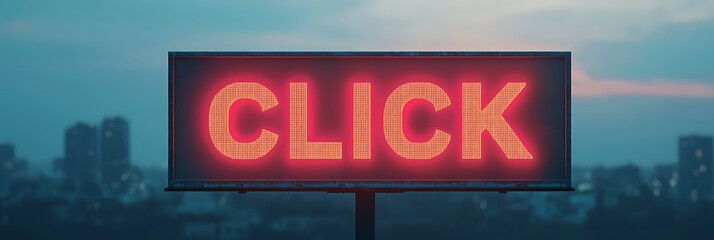 A vibrant illuminated sign displaying the word "CLICK," set against a dusk urban backdrop, attracting attention with its bright red lights.
