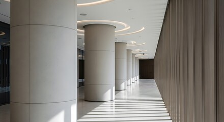 Obraz premium Modern interior hallway with large white columns and striped sunlight patterns on the floor