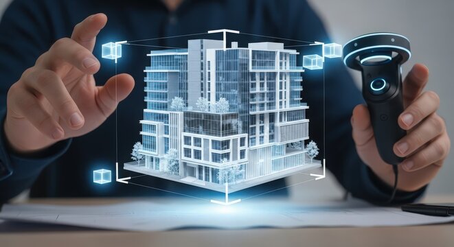 Architect using vr controller to design a modern building model with augmented reality, showcasing innovative architectural design process