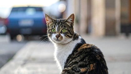 Outdoor tabby cat stares intently