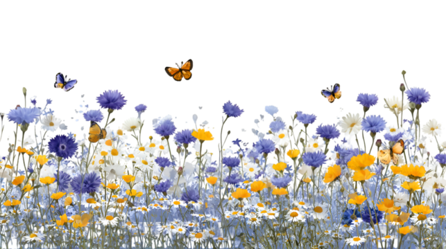 Whimsical meadow of wildflowers with vibrant butterflies brings nature's joyful essence to your designs, isolated on transparent background PNG
