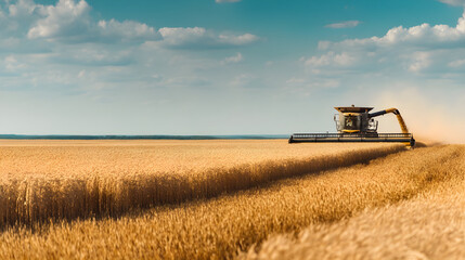 Fototapeta premium Combine harvester working in golden wheat field harvesting crop