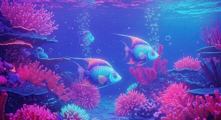 Obraz premium Colorful fish gracefully swim amidst vibrant coral reefs and bubbles in a deep, luminous ocean.