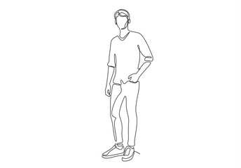 Continuous line drawing of standing young man gesture.  Editable line. Hand drawn one line vector.	