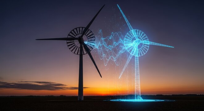 Wind turbines generating clean energy at sunset with digital visualization of data, showcasing sustainable technology for a greener future - Powered by Adobe