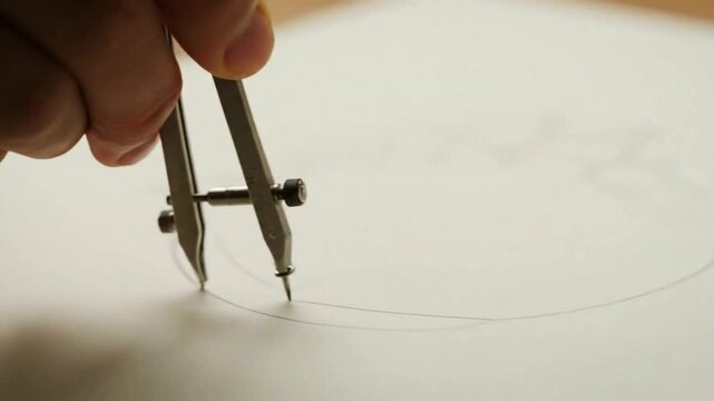 A close-up of a hand using a metal drafting compass to precisely draw a perfect circle on a sheet of white paper.