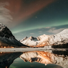 Colorful northern lights illuminate snow-covered peaks under a peaceful winter night sky.