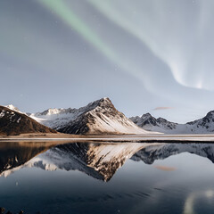 Beautiful aurora borealis glowing above snowy mountains and reflecting in a calm icy lake.