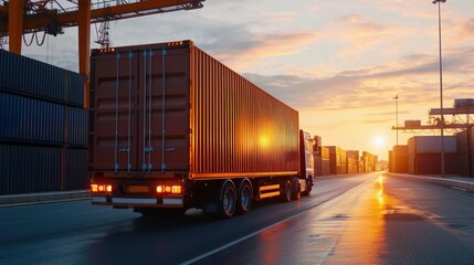A large, white, semi-truck with a red cargo container driving down a road at sunset, with a crane and other shipping containers in the background.