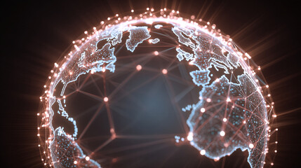 Glowing earth globe with connected dots and lines on a dark background