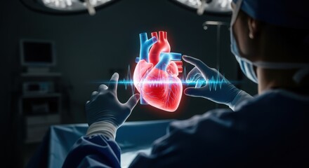 Surgeon using augmented reality to examine a holographic heart, representing advanced medical technology and surgical planning in healthcare