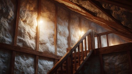 Obraz premium Warm interior of a rustic wooden house under construction featuring illuminated textured walls and a staircase