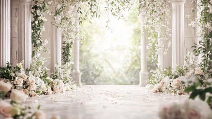A wedding ceremony setup with white columns, flowers, and greenery in a garden setting.