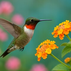 Fototapeta premium Hummingbird feeding on bright orange flowers in garden