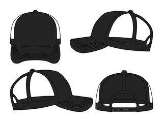 Trucker Cap Vector Template. Front, Side, and Back View. Blank Baseball Cap Mockup. Mesh Trucker Hat Vector
