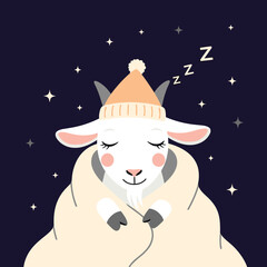 Fototapeta premium A cozy goat sleeps peacefully under a starry night sky wearing a knitted hat.