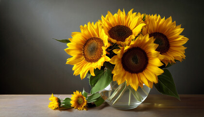 Bouquet Of Yellow Sunflowers In Glass Vase