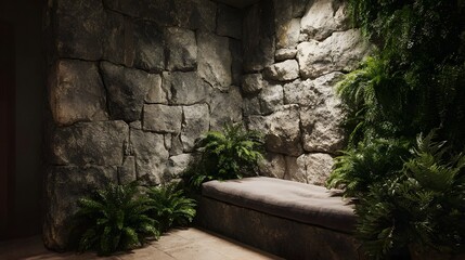 A serene interior featuring a stone wall lush ferns and a cushioned bench for relaxation