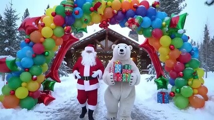Santa claus and polar bear mascot walking under colorful balloon archway in snowy winter landscape, bringing christmas cheer and festive spirit. - Powered by Adobe