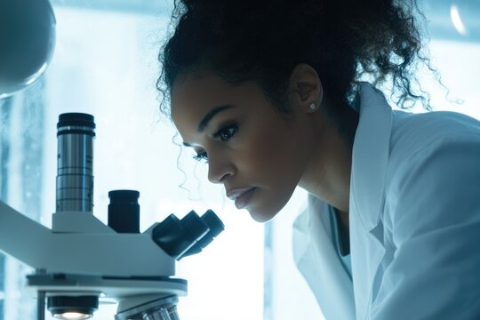 A focused female scientist in a lab coat diligently examines a sample under a microscope in a brightly lit laboratory setting.