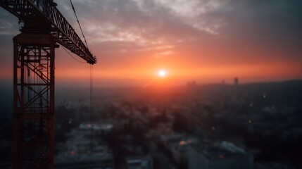 A construction crane stands tall against a vibrant sunset over a hazy city skyline