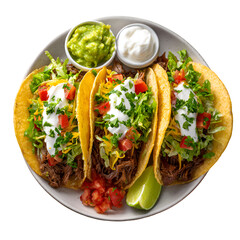 Delicious tacos loaded with beef, lettuce, tomato, sour cream, and guacamole, isolated on transparent background PNG