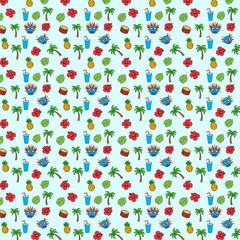 Summer Festival Shirt Pattern with Tropical Fruits, Flowers, and Colorful Icons