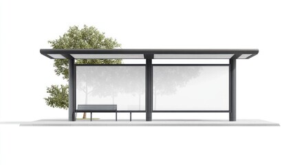Empty bus stop with transparent background, bench, trees, and potential for ads; waiting station