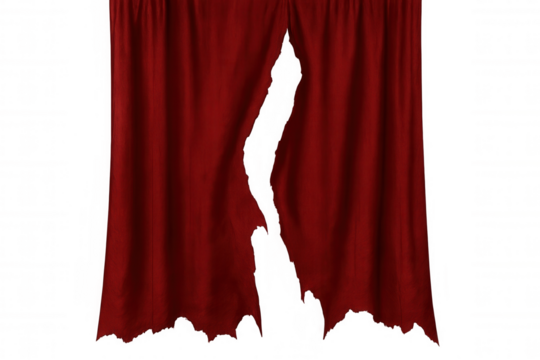 Red theatrical curtain torn and damaged, showing ragged fabric texture, stage drape with transparent background