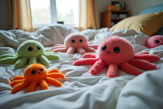 Colorful plush toy parasites scattered on clean white bedsheets in a cluttered bedroom. - Powered by Adobe