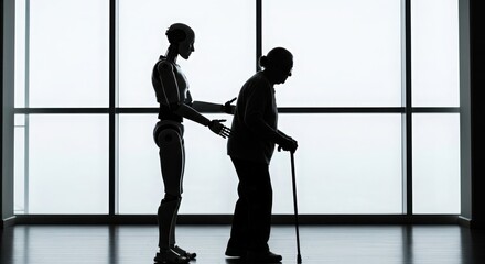 Silhouette of a robot assisting an elderly person with a cane, highlighting the concept of artificial intelligence and caregiving