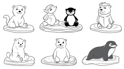 Cute polar bears and penguins on ice floes, coloring book illustration