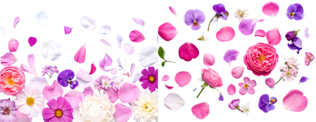 Scattered Flower Petals and Blooms in Artistic Pattern on Blue Surface, Transparent Background