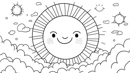 Smiling sun with rays and clouds in black and white, symbolizing happiness for illustrations