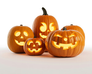 Group of glowing jack o lanterns isolated on white background