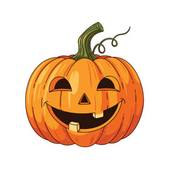 A grinning carved pumpkin with a silly broken tooth on a white background.