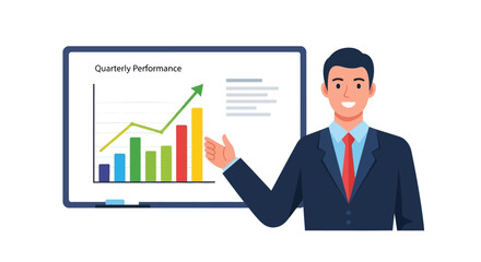 Man presenting quarterly performance chart with upward trend.