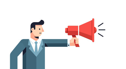 Fototapeta premium Illustration of a man in a suit holding a red megaphone, possibly making an announcement or speaking loudly.