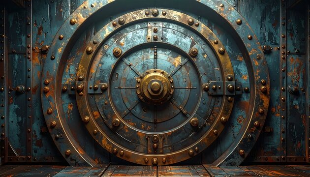 Massive, aged metallic circular door. Rustic textures and rivets abound
