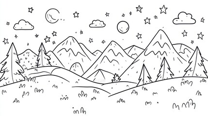 Cartoon night mountains landscape; coloring page